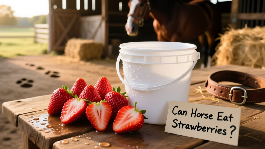 Close-up of washed, halved strawberries placed beside a clean feeding bucket