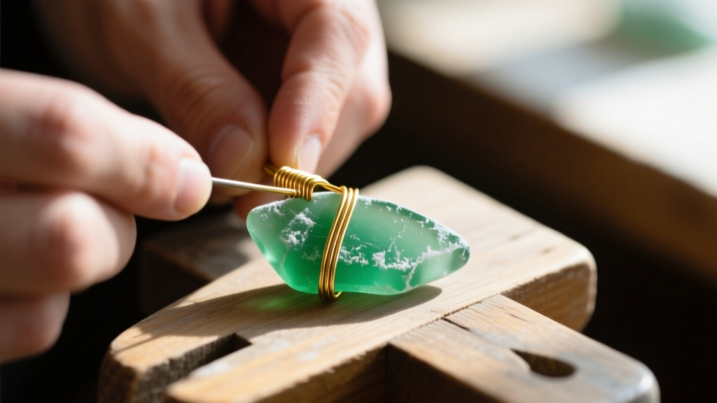 Hands trimming 24-gauge gold-filled wire around a frosted emerald-green sea glass shard resting on a wooden jeweler's bench block