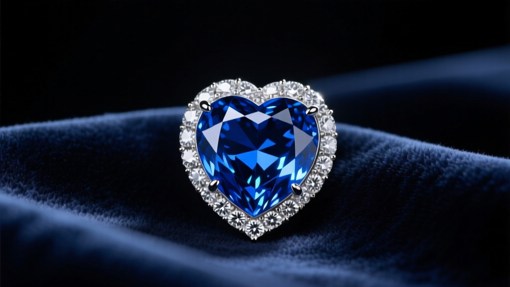 Blue heart-shaped sapphire pendant with a diamond halo resting on dark navy velvet fabric under soft, dramatic studio lighting