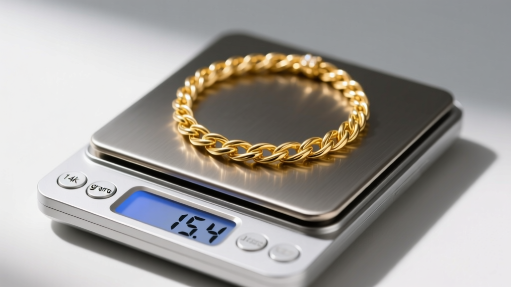 Close-up of a digital jeweler scale showing 15.4 grams, with a 14k yellow gold rope necklace resting on the steel weighing pan