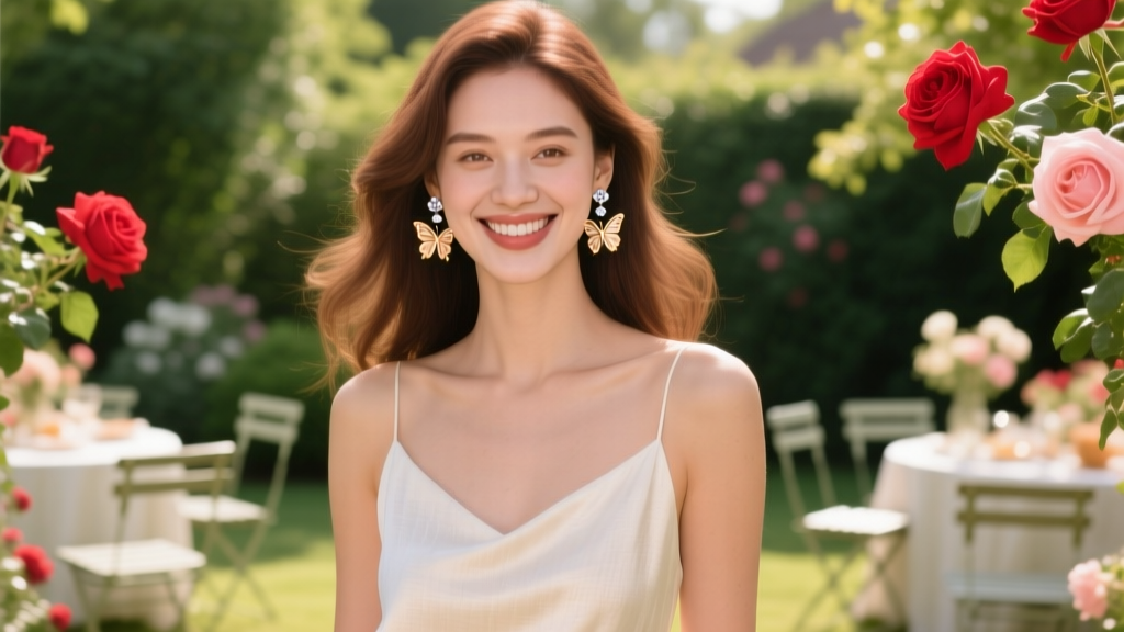 A young woman wearing delicate rose gold butterfly drop earrings with tiny pavé diamonds, smiling at a sunny outdoor garden party.