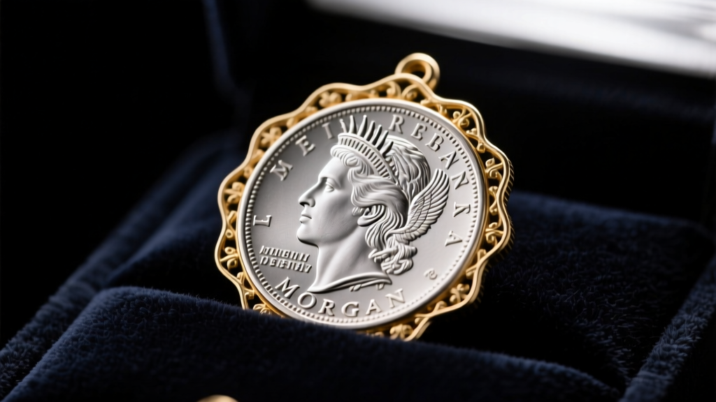 Close-up of a Morgan silver dollar in a 14k gold bezel resting on dark velvet, soft studio lighting highlighting the relief.