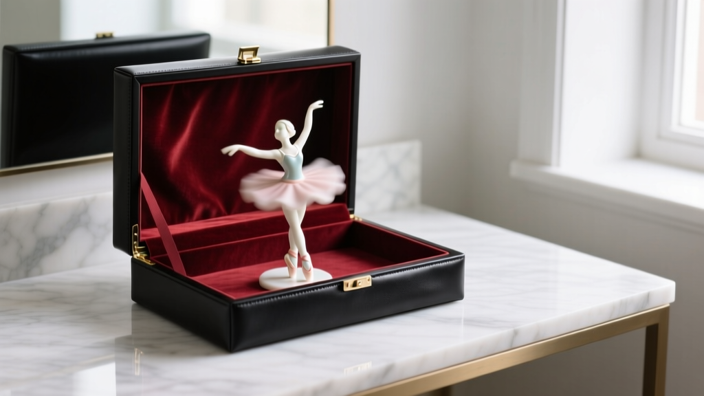 Open black faux-leather ballerina box on a vanity, displaying a spinning porcelain figurine and plush burgundy velvet lining