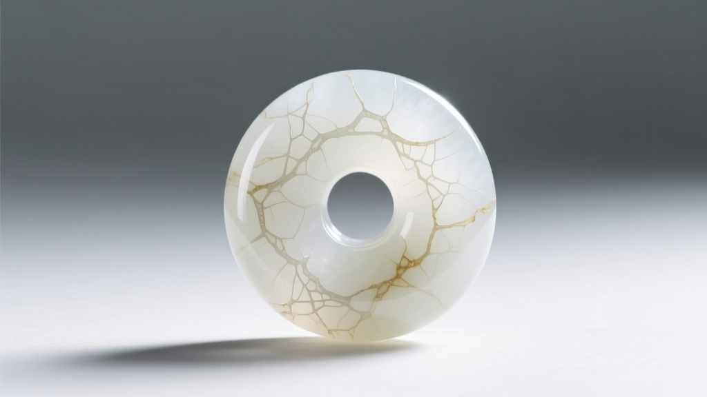 Macro photo of a 30mm Hetian nephrite white jade donut pendant showing its fibrous interlocking crystal structure and waxy finish.