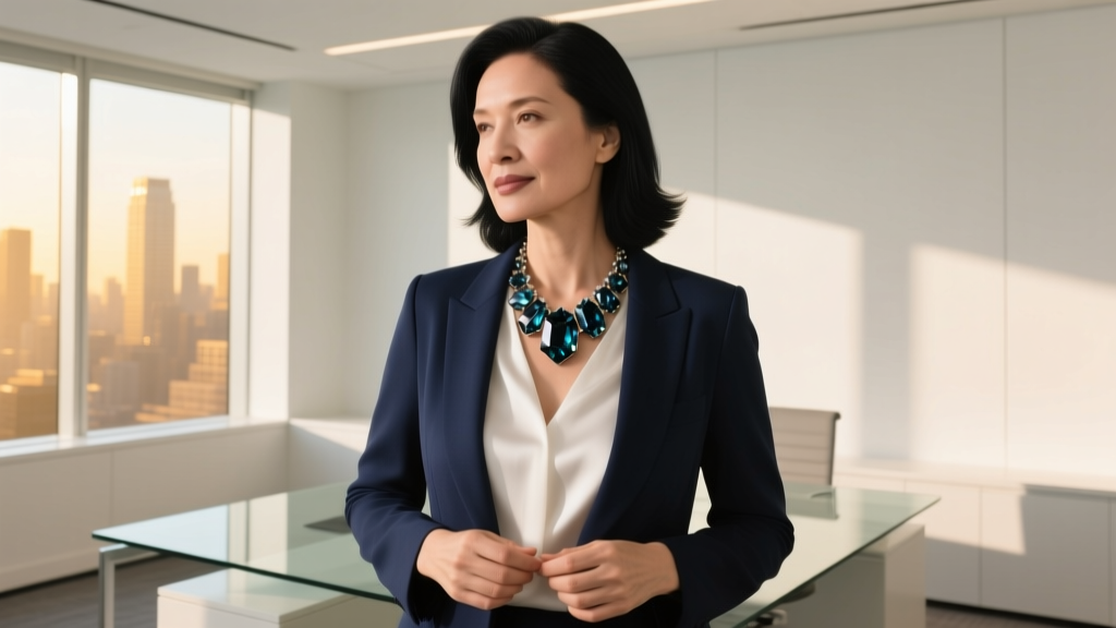 Professional woman in a blazer styling a smoky chunky quartz necklace over a white silk blouse in a bright minimalist office