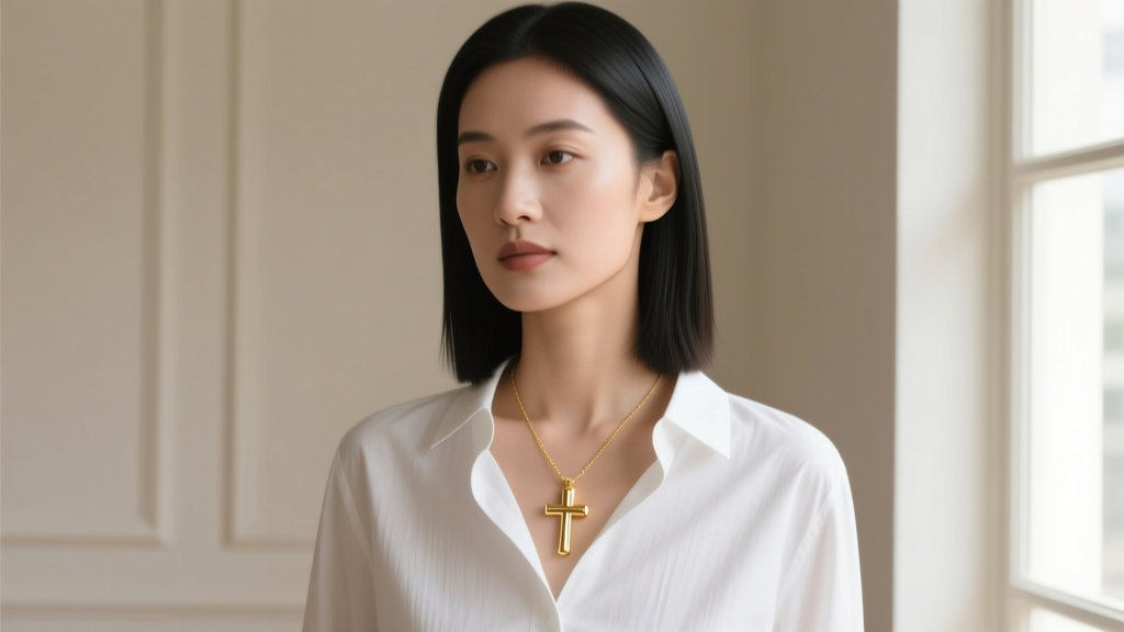 Woman wearing a minimalist gold cross pendant over a white shirt, soft natural light reflecting off the polished 14k gold metal surface