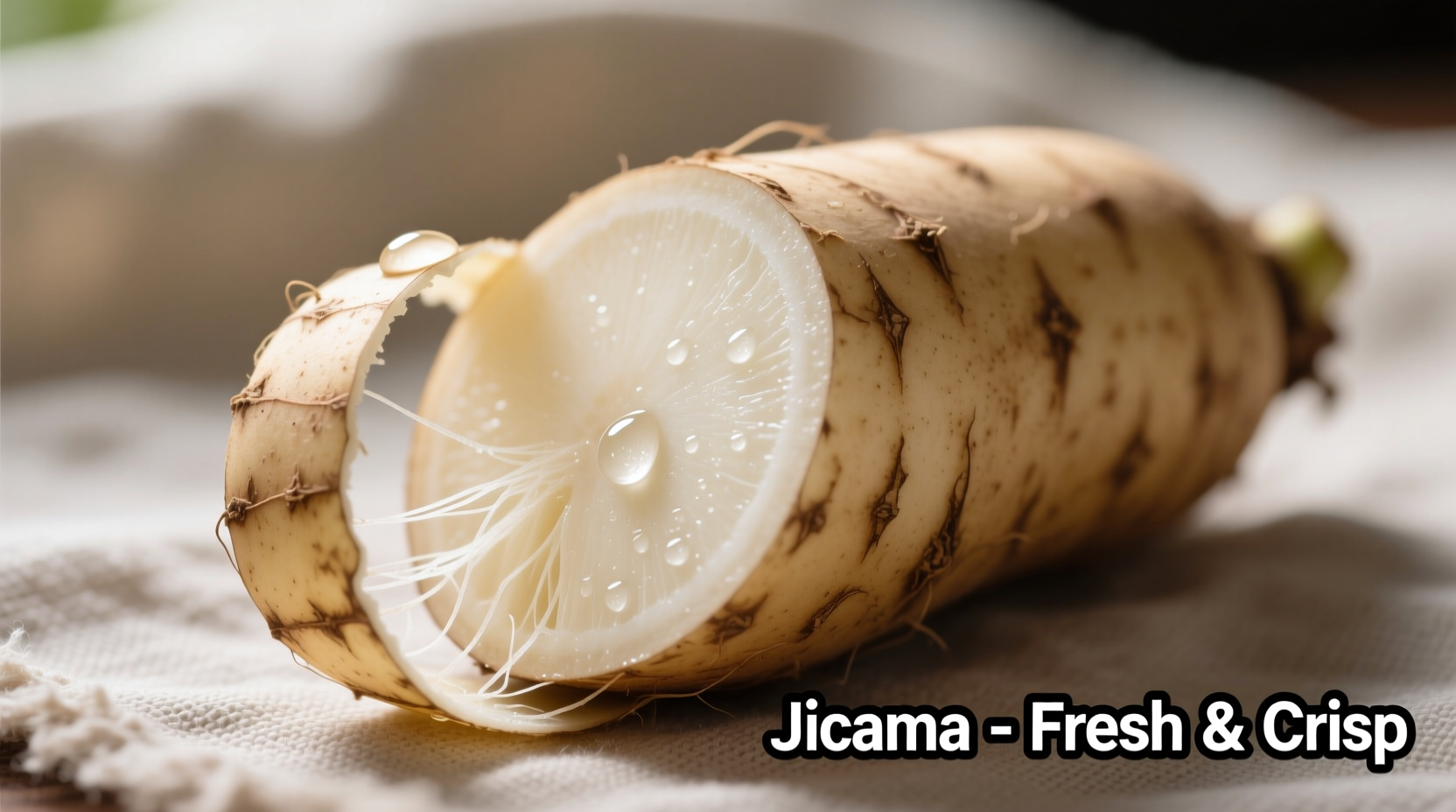 Fresh jicama root with peeled section showing white interior