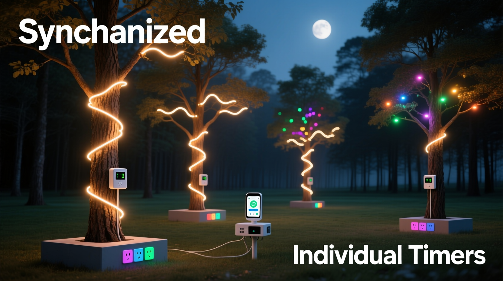 synchronized light timers for multiple trees vs individual outlet timers which simplify setup