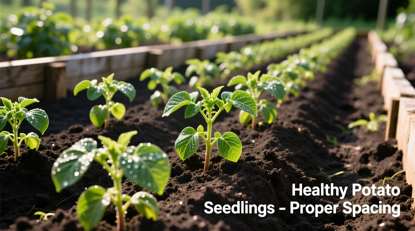 Healthy potato seedlings in garden bed with proper spacing