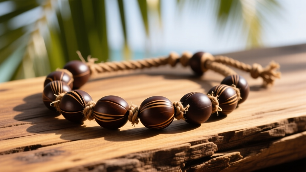 Close-up of a traditional Hawaiian kukui nut bead necklace with a frayed cotton string on weathered wood in soft tropical light.
