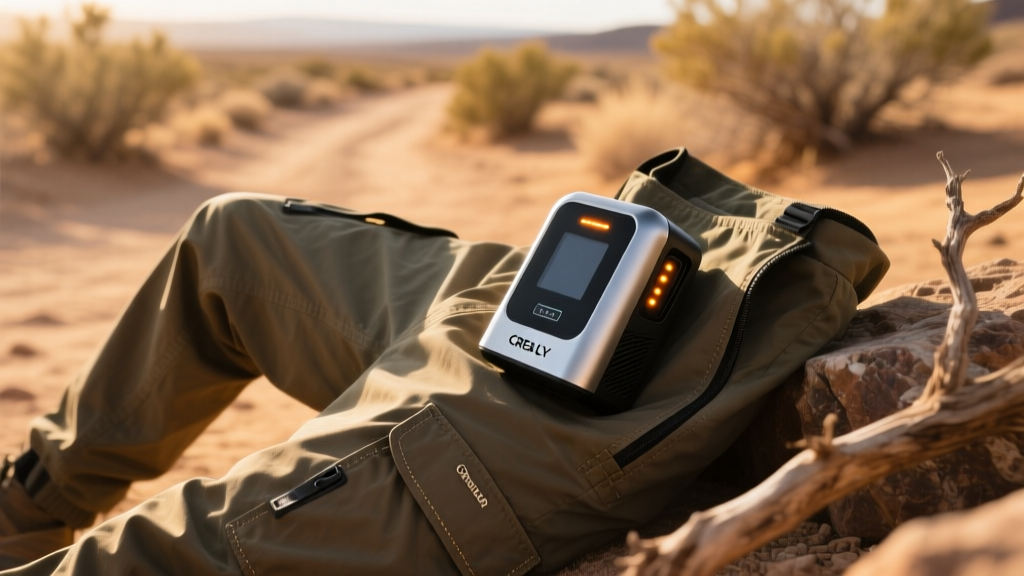 A rugged outdoor setup showing a Creality 3D scanner resting in the side pocket of the Gramicci Gadget Pant on a dusty trail.