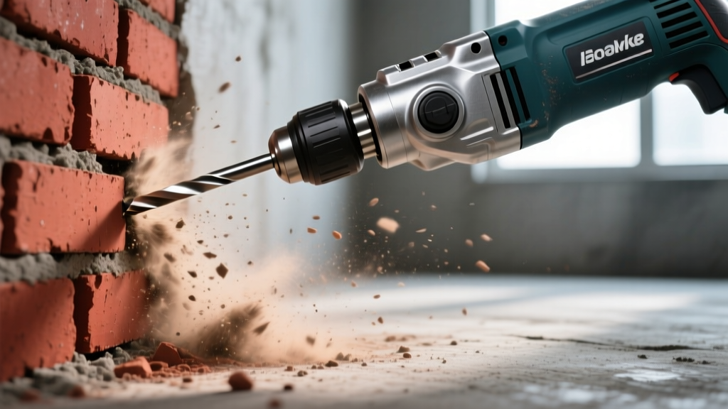 Close-up of a rotary hammer drill with a carbide bit penetrating a red clay brick wall, with masonry dust falling onto a concrete floor.