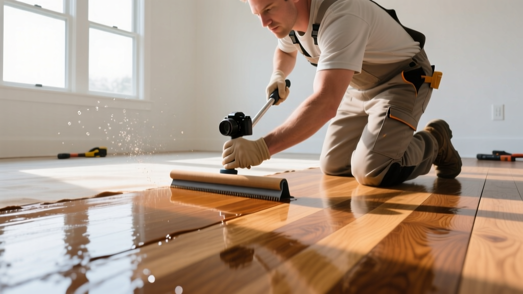 Flooring professional applying clear matte two-component waterborne polyurethane finish to an oak hardwood floor using a T-bar