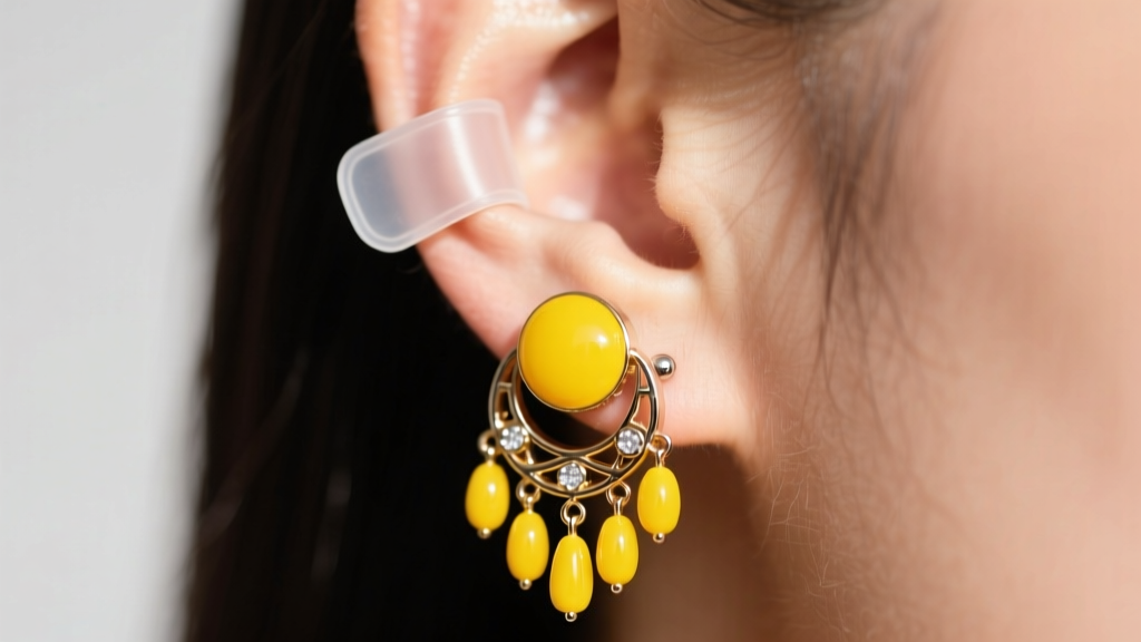 Clear silicone support patch holding a heavy yellow dangle earring on a pierced lobe, captured in soft daylight macro photography