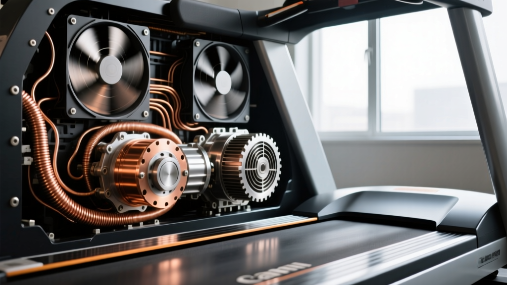Close-up of a dual-motor drive system inside a commercial treadmill chassis showing heavy-duty copper wiring and cooling fans