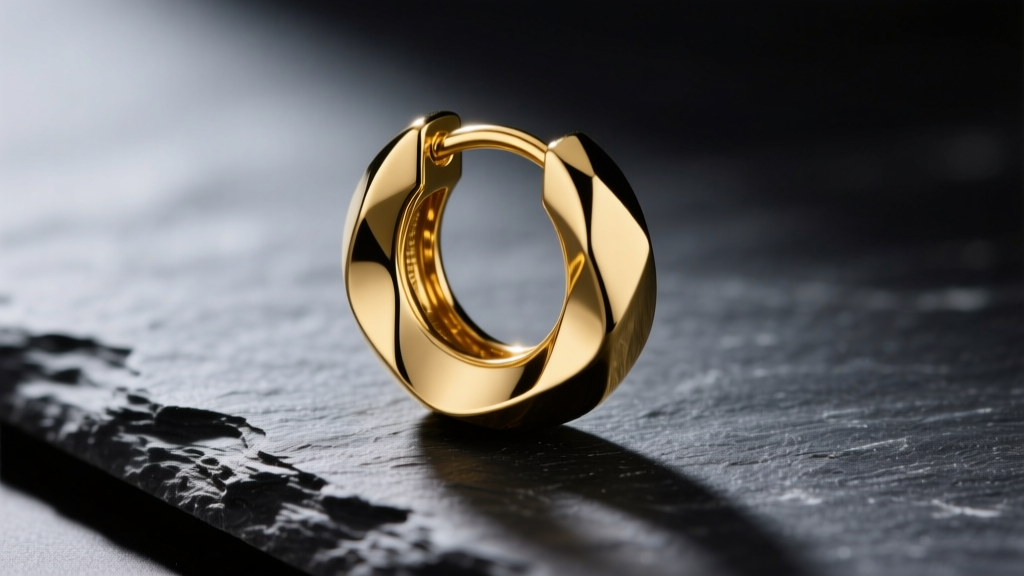 Macro photography of a 14k yellow gold and ASTM F136 titanium huggie earring resting on dark slate with soft, moody lighting.