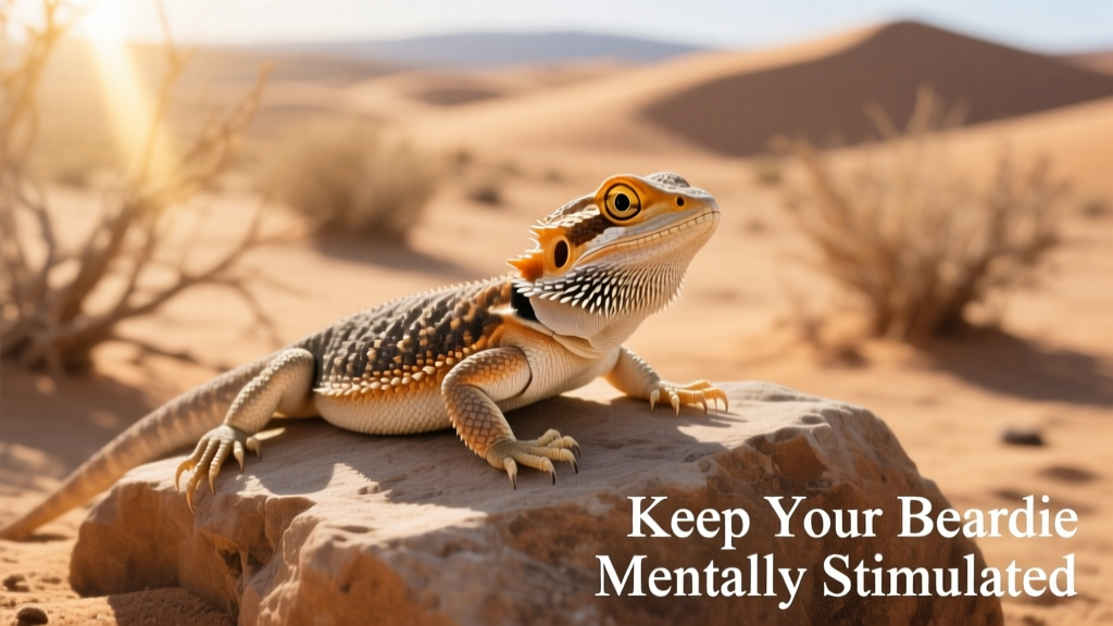 A calm, alert bearded dragon resting on a textured rock with open eyes and relaxed limbs, showing natural coloration