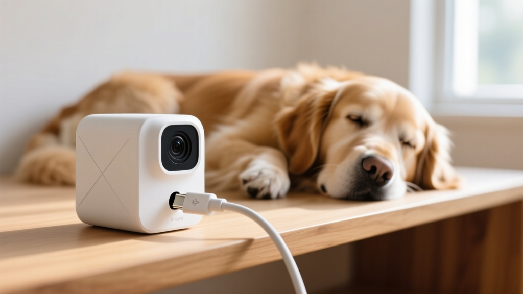 USB-C cable plugging into a modern white pet camera on a wooden shelf, golden retriever sleeping softly in blurred background.