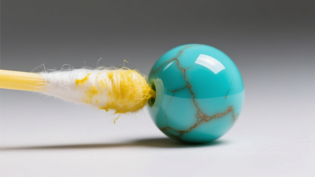 Macro photo of a cotton swab with faint yellow dye residue after testing a polished yellow howlite bead marketed as turquoise