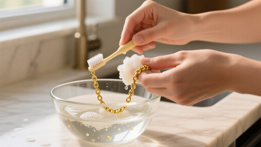 Hands gently scrubbing a 14k gold necklace band with a soft baby toothbrush in a glass bowl of soapy distilled water.