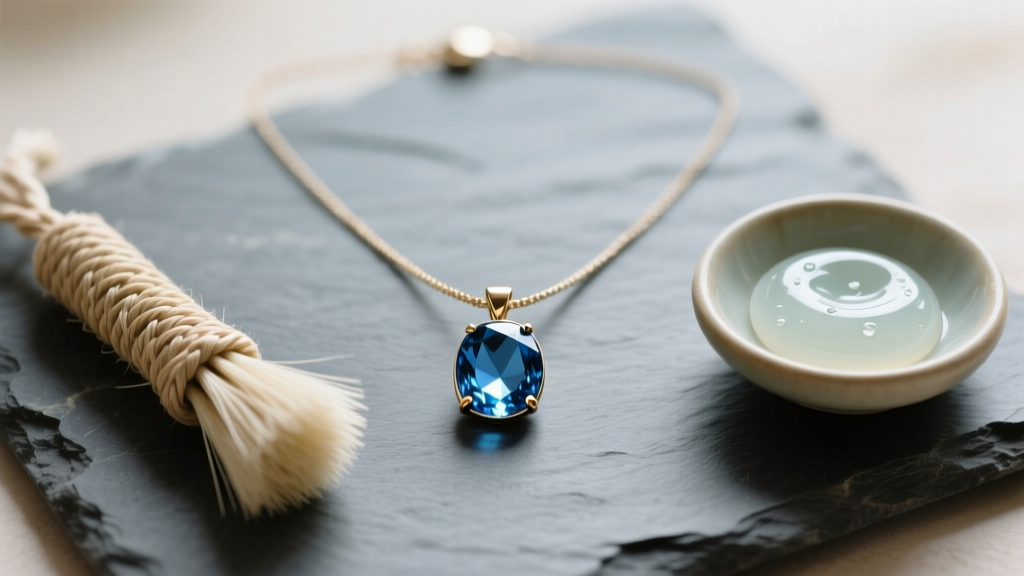 Flat lay of an atlantean crystal necklace cleaning kit featuring a horsehair brush, mild soap, and a mystic topaz pendant on slate.