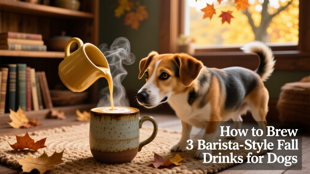 A golden Carrot-Maple Latte served in a ceramic mug beside a happy dog looking curiously at the drink