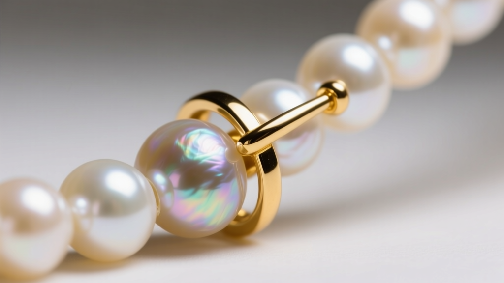 Macro shot of a gold vermeil clasp securing high-luster freshwater pearls, highlighting the iridescent nacre surface and texture.