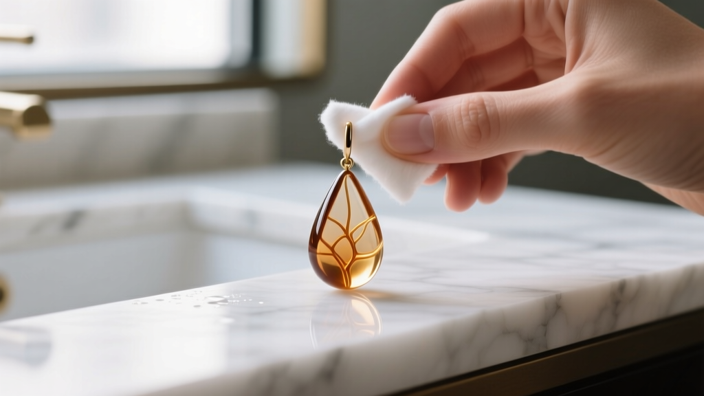 Hands gently wiping a chunky resin drop earring with a damp cotton swab, showing meticulous cleaning on a white marble vanity top