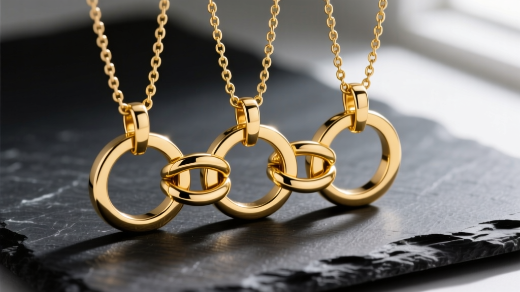 Close-up of three interlocking 14k yellow gold pendants on a rolo chain resting on dark slate, showcasing laser-welded jump rings.