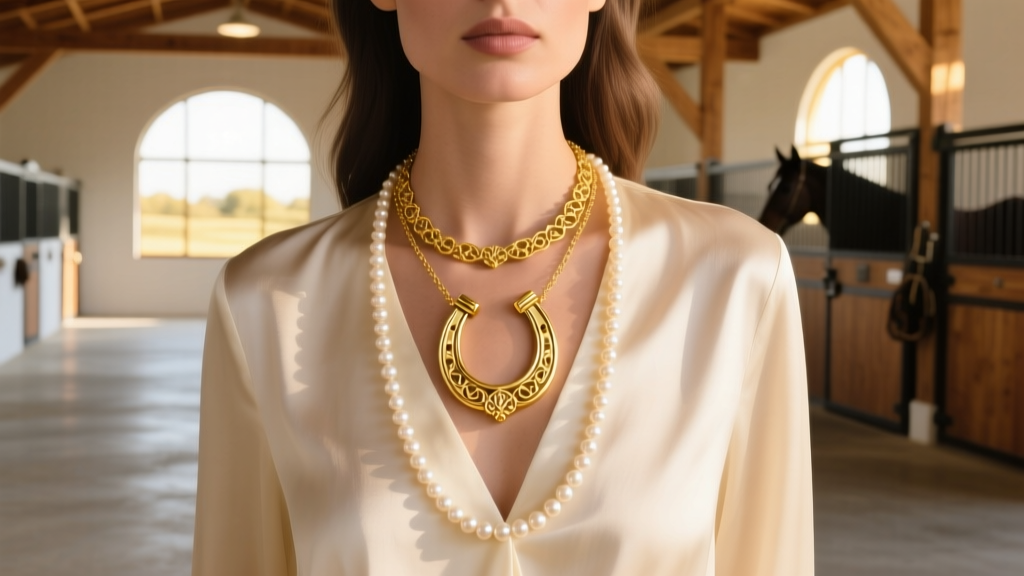 14k yellow gold James Avery horseshoe necklace layered with a pearl strand over a cream silk blouse in a bright modern stable.