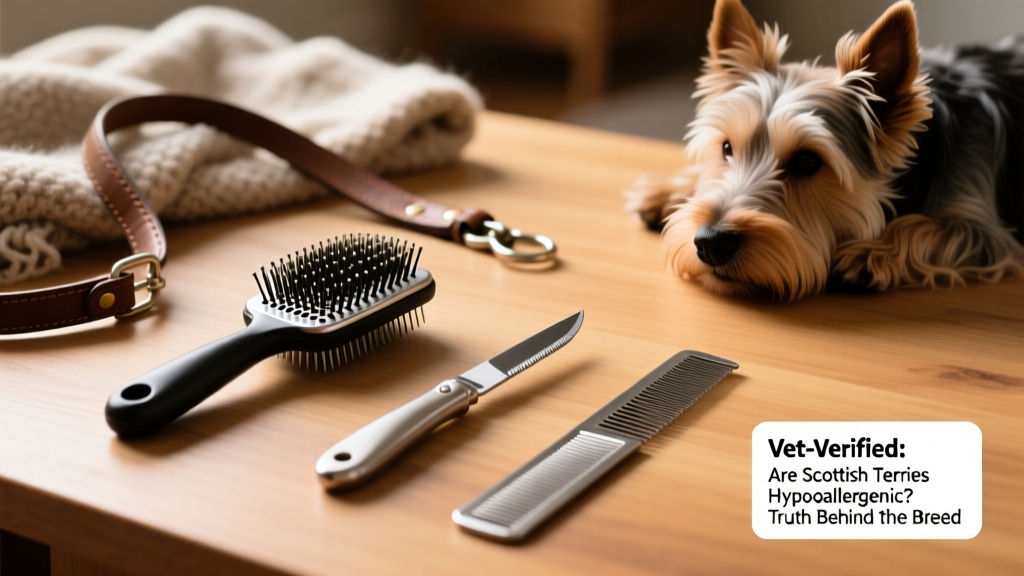 Side-by-side comparison showing proper Scottish Terrier grooming tools: a slicker brush, stripping knife, and stainless steel comb