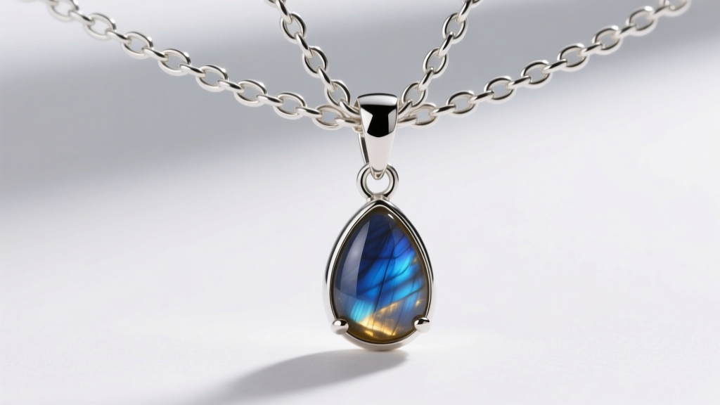 Macro photography of a 925 sterling silver rolo chain holding a small teardrop labradorite pendant, highlighting the 4mm bail and clasp.