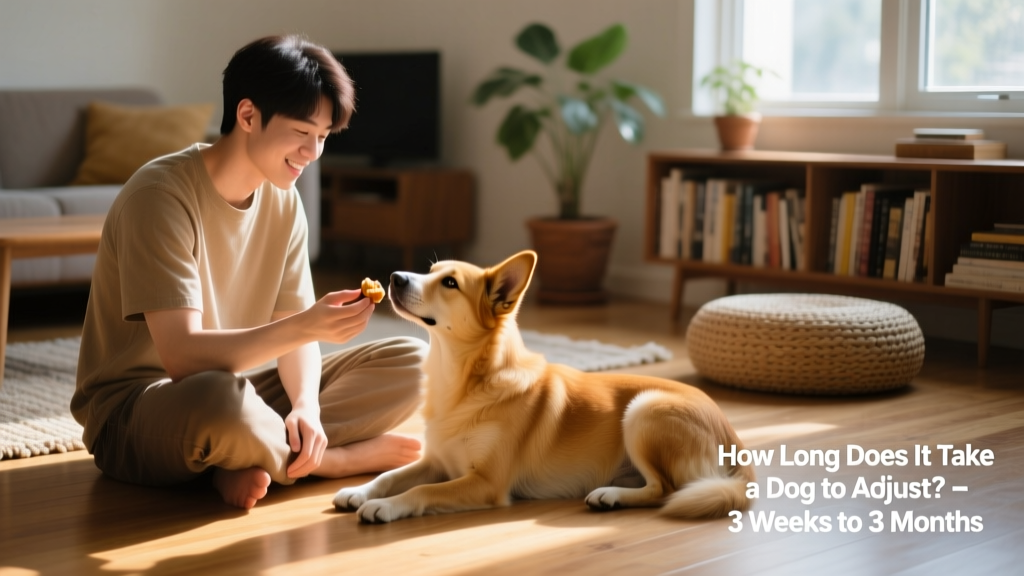 A person sitting quietly on the floor beside a relaxed dog, offering gentle praise and a treat