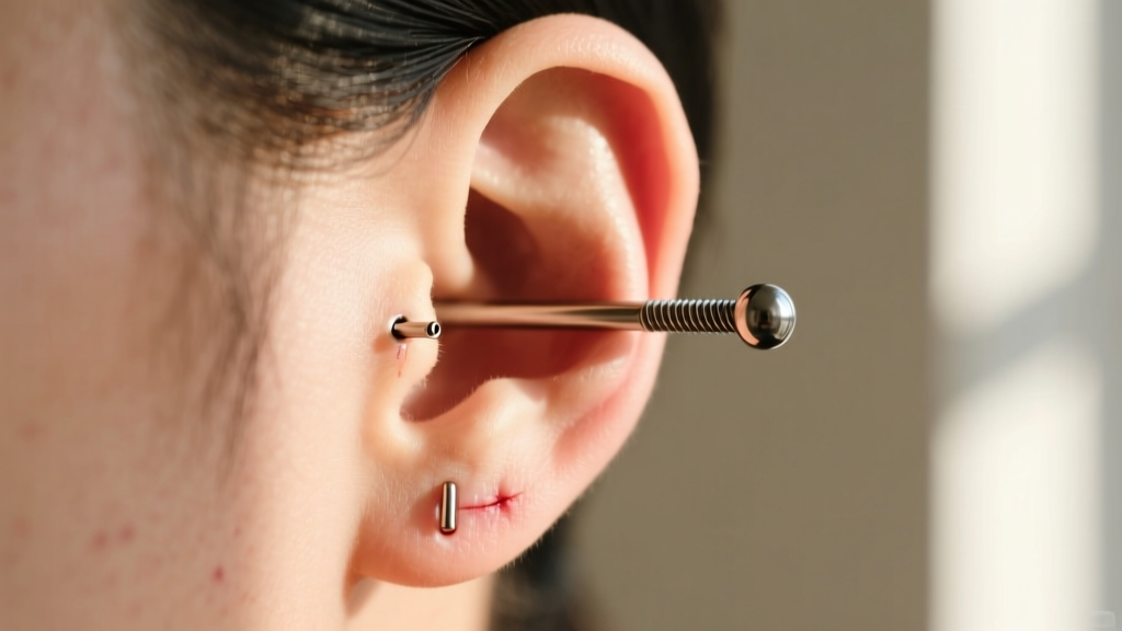 Side profile of a healed 16-gauge titanium threaded cartilage piercing on the upper helix, illuminated by soft, natural sunlight
