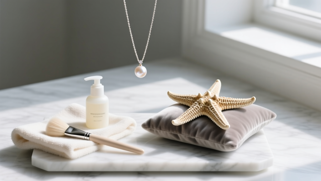 Soft microfiber cloth, mild soap, and a gentle brush arranged on marble next to a delicate starfish and pearl pendant necklace.