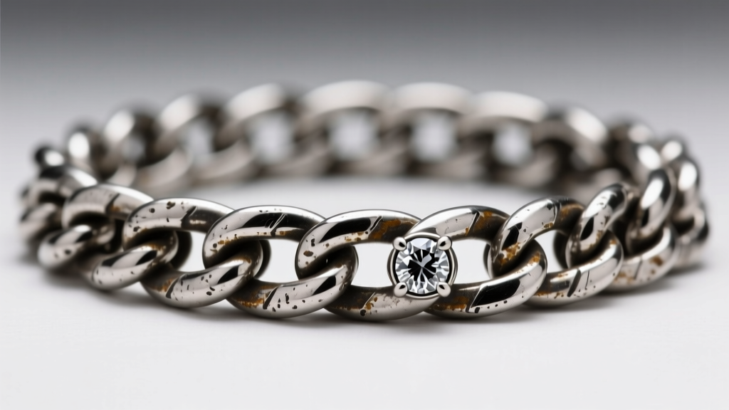 Macro photography of an oxidized sterling silver Cuban link chain with a textured, unpolished bezel-set salt and pepper diamond
