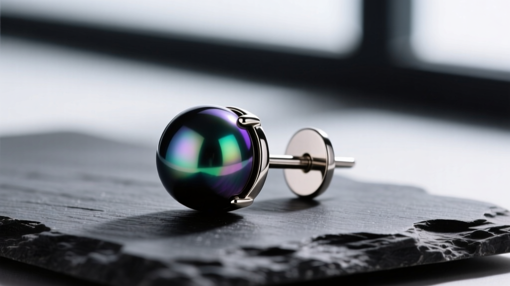 Macro shot of a dark Tahitian pearl earring with peacock overtone, set in a titanium flat-back labret post, resting on dark slate.