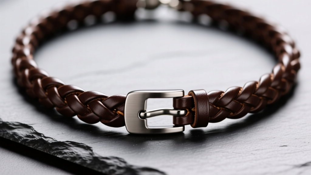 Close-up of a dark brown full-grain full-grain plaited leather necklace with a brushed titanium bayonet clasp resting on a slate surface