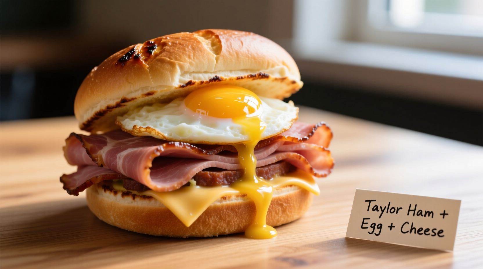 Taylor Ham sandwich with egg and cheese on a Kaiser roll