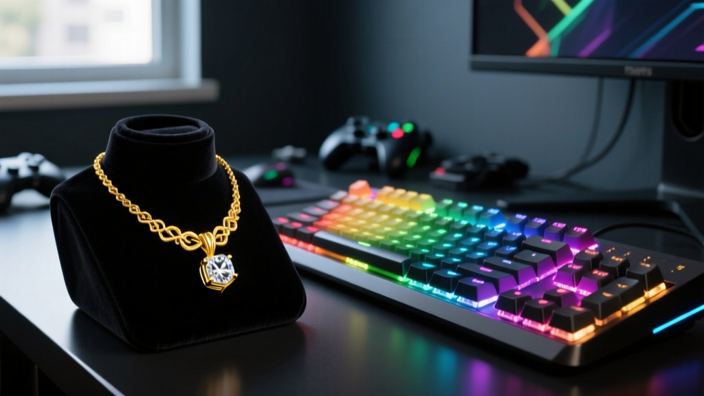 18k yellow gold necklace with a bezel-set diamond on dark velvet beside a glowing mechanical keyboard in a dim gaming room