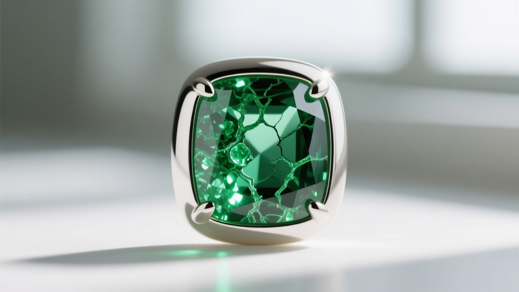 Macro view of emerald jardin inclusions in a partial white gold bezel, showing the gem's internal texture and vivid green depth.