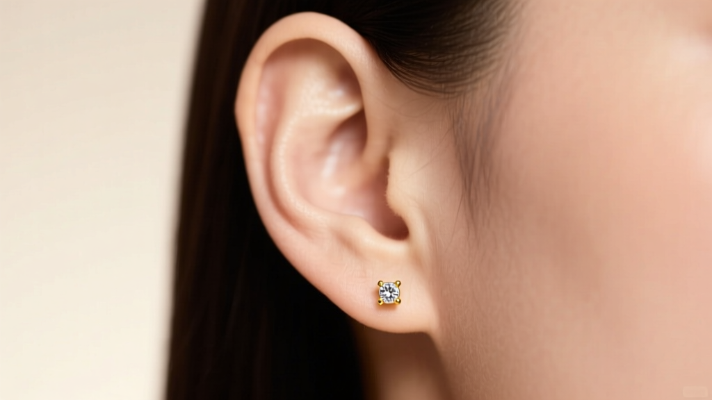 Close-up of an earlobe wearing delicate 14k yellow gold petit moments stud earrings with tiny bezel-set diamonds in soft light.