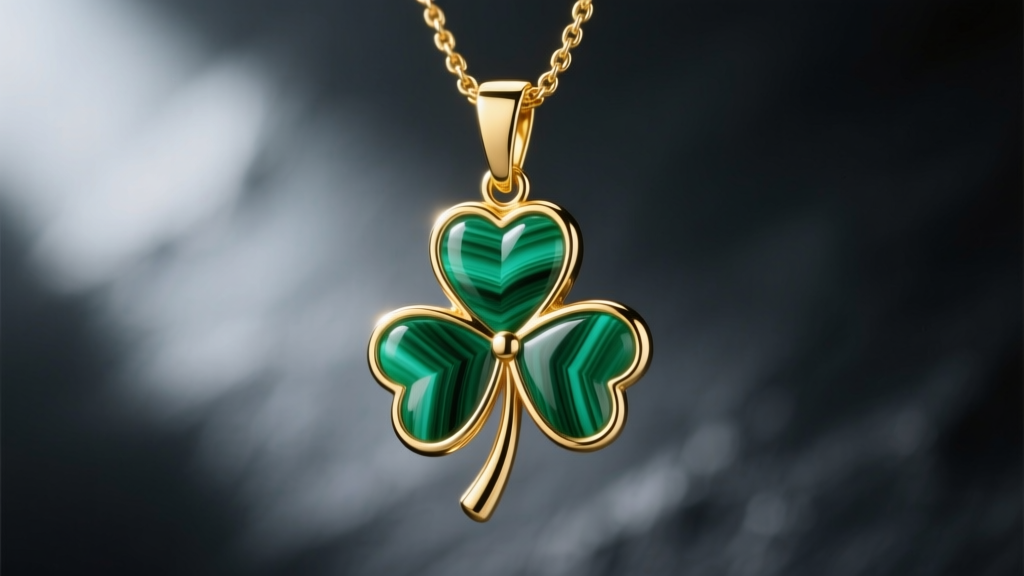 Macro photography of an 18k yellow gold lucky clover necklace pendant featuring vibrant green malachite inlay on dark slate