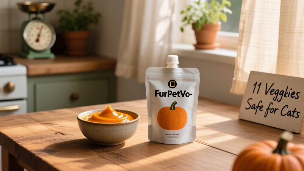 A small bowl of smooth, orange pumpkin puree next to a FurPetVo-branded treat pouch