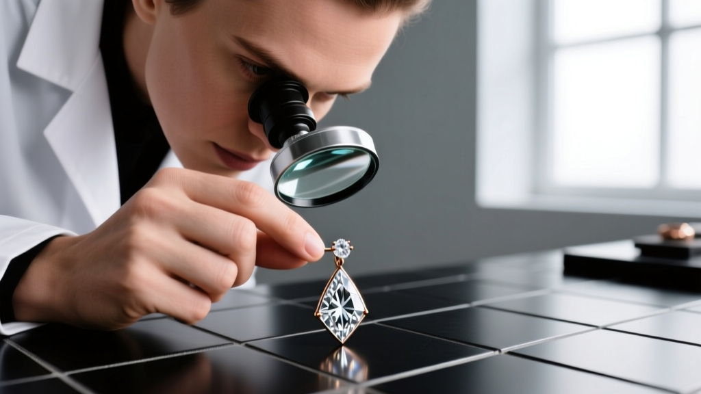 Jeweler using a 10x loupe to inspect the pavilion facets of a small melee diamond extracted from a designer spade motif earring