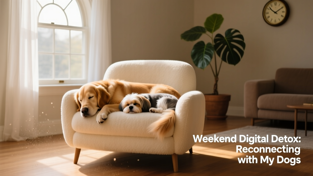 Two dogs napping side by side on a plush armchair, sunlight streaming through a nearby window