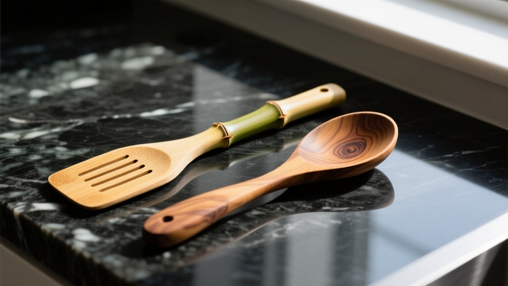 Close up of Moso bamboo cooking spatula and olive wood slotted spoon resting on a dark granite countertop