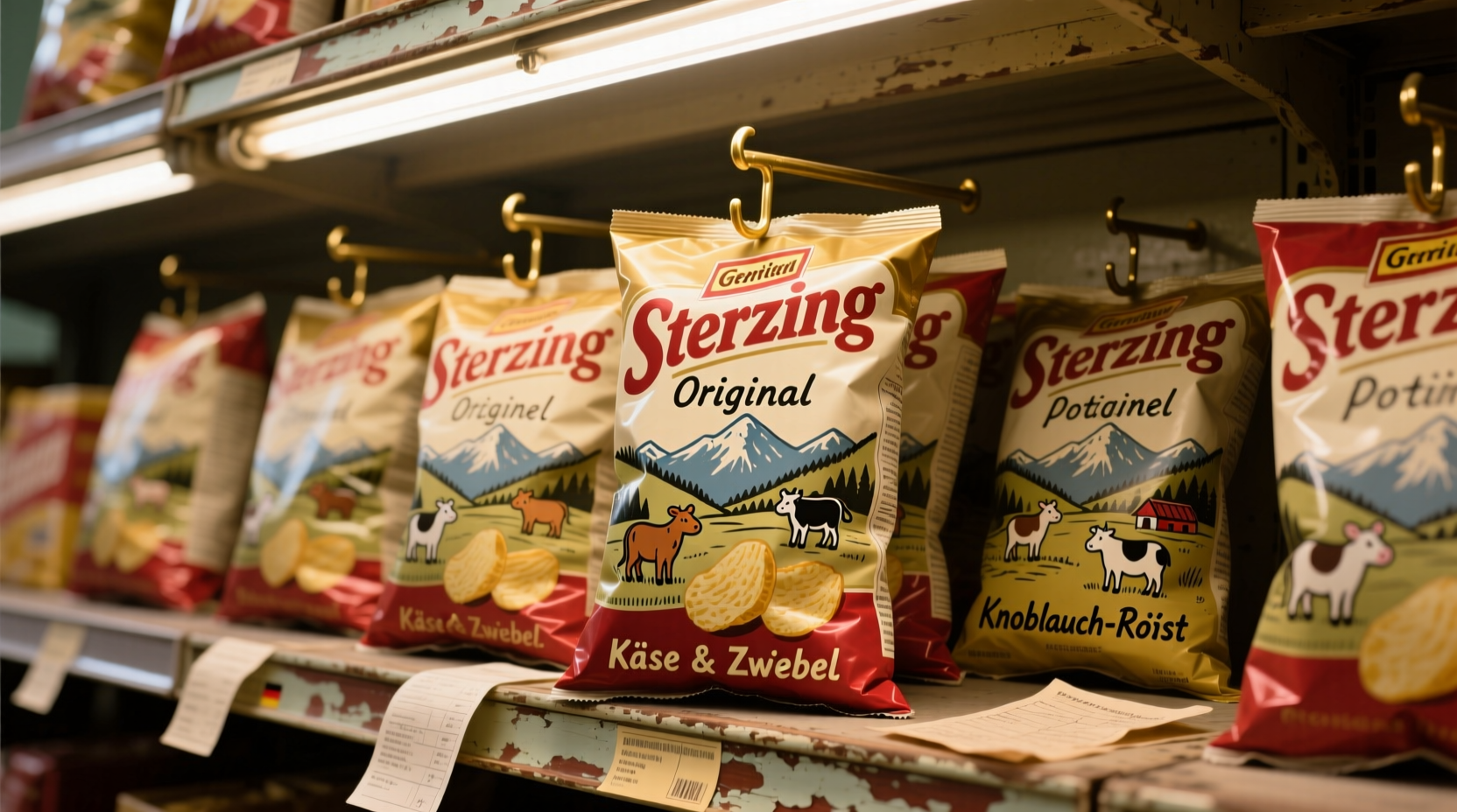 Vintage Sterzing potato chips packaging display