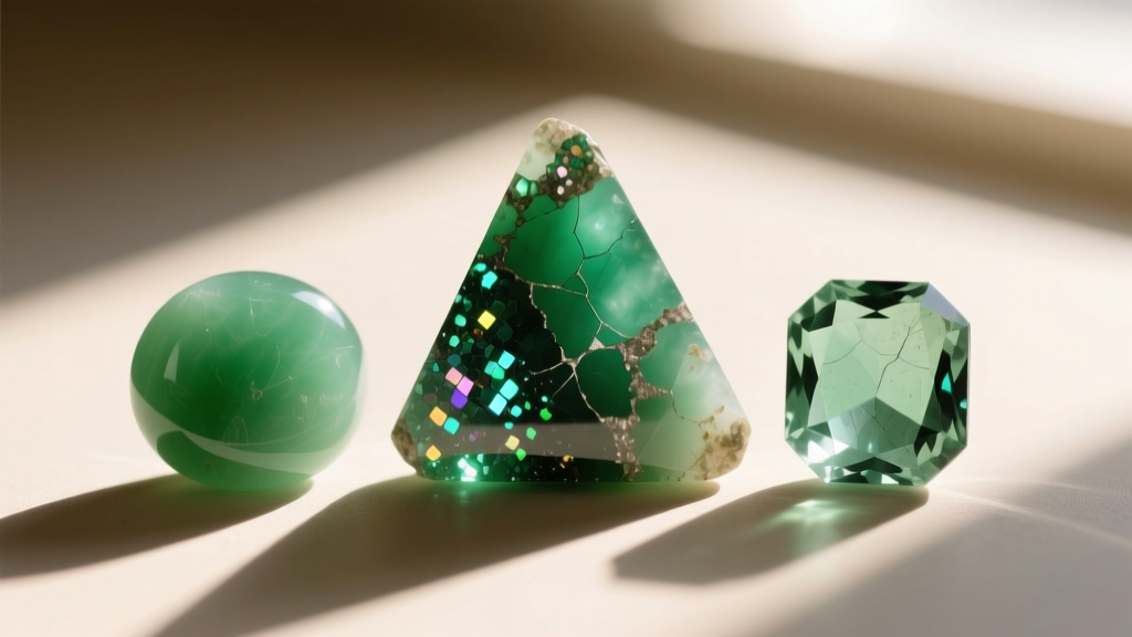 Close-up of raw nephrite, green aventurine, and amazonite cabochons highlighting distinct textures and color depth in daylight