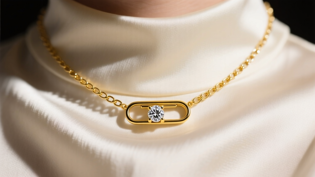 Close-up of 14k yellow gold paperclip necklace with diamond bezel slider resting on silk draped collarbone in soft studio lighting.